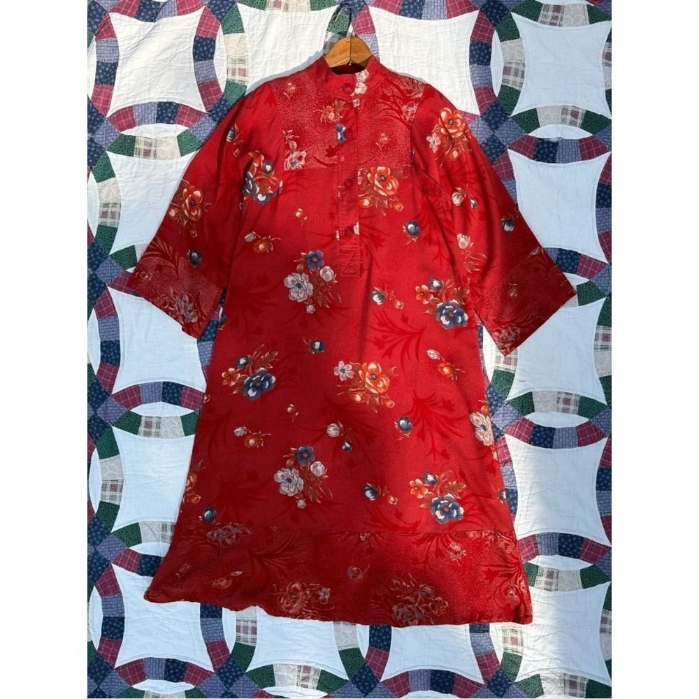 Vintage 70s Red Floral Asian Inspired Tunic Dress Small Rayon Flowy Cottagecore